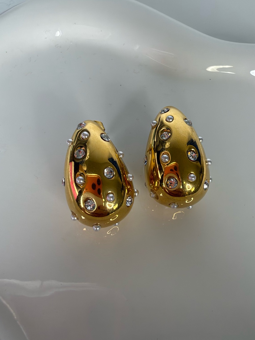 Gold-Tone Teardrop Earrings with Pearl & Rhinestone Accents